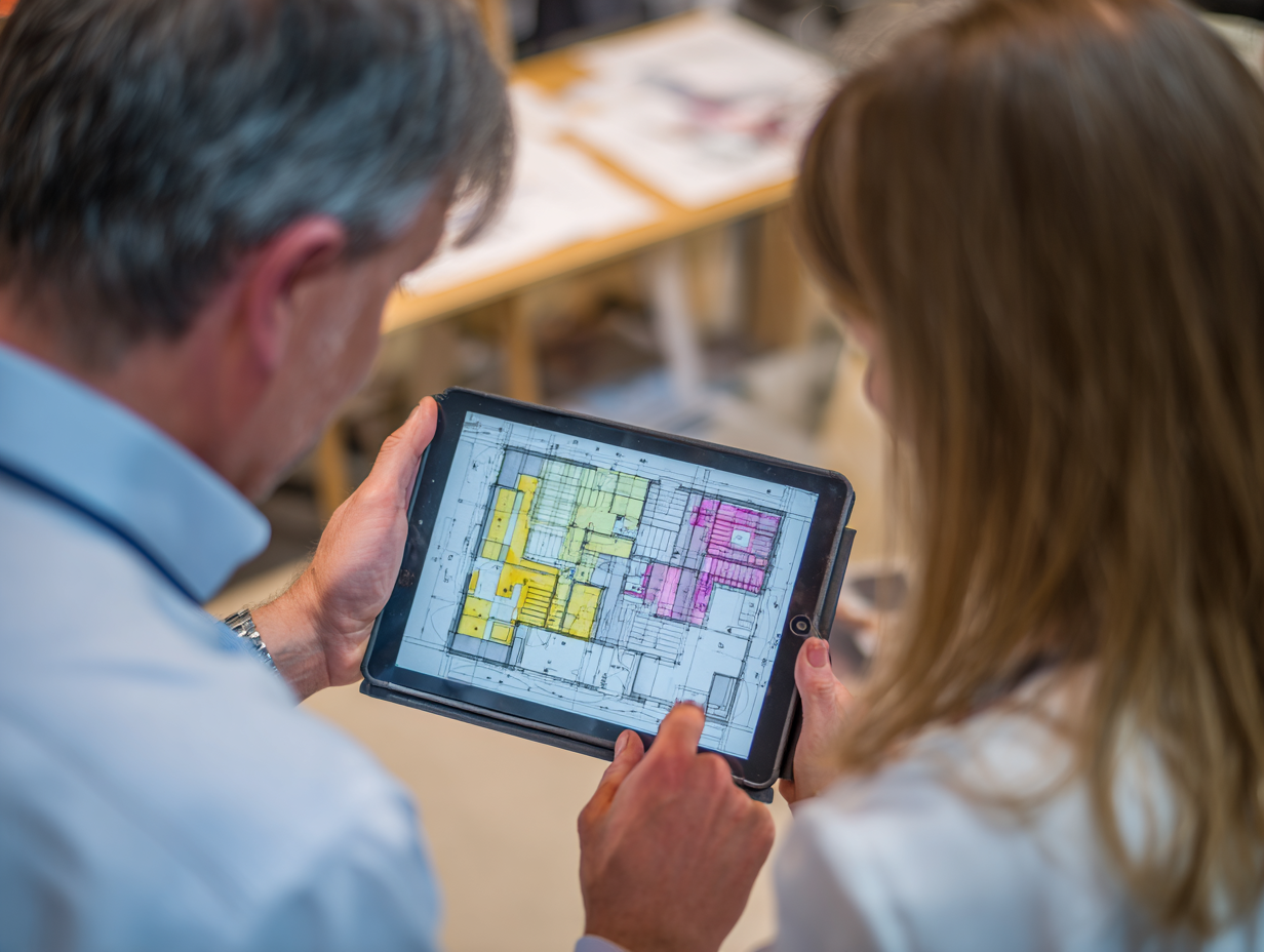 Soundproofing consultant showing acoustic plan on a tablet to a client inside a Bushwick loft apartment